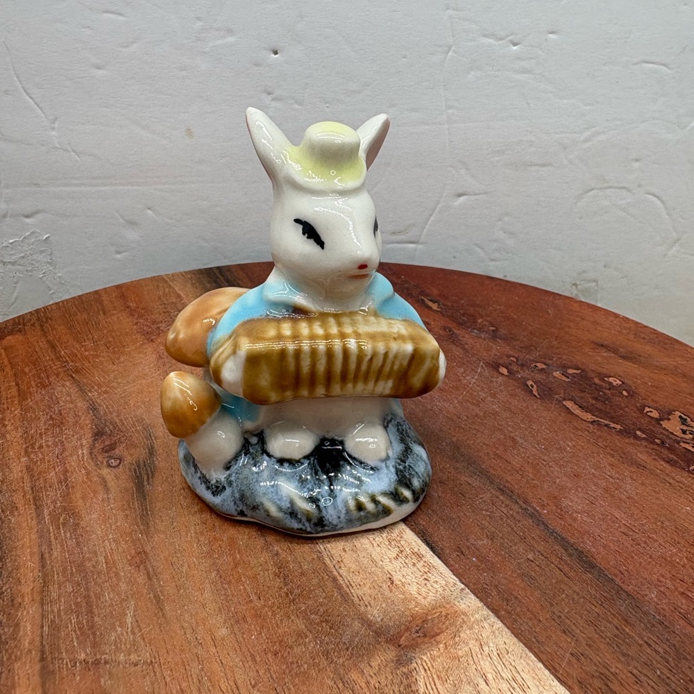 Vintage bunny with mushrooms figurine